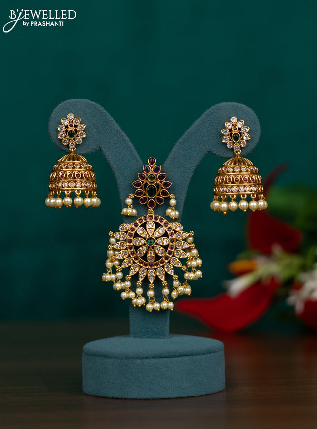 Antique pendant set floral design with kemp and cz stone and pearl hangings