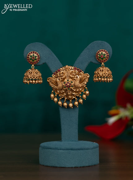 Antique pendant set peacock design with kemp stone and golden beads hangings