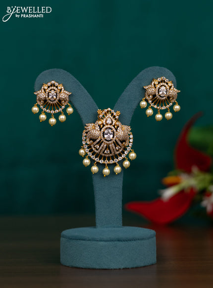 Antique pendant set peacock design with cz stone and pearl hangings
