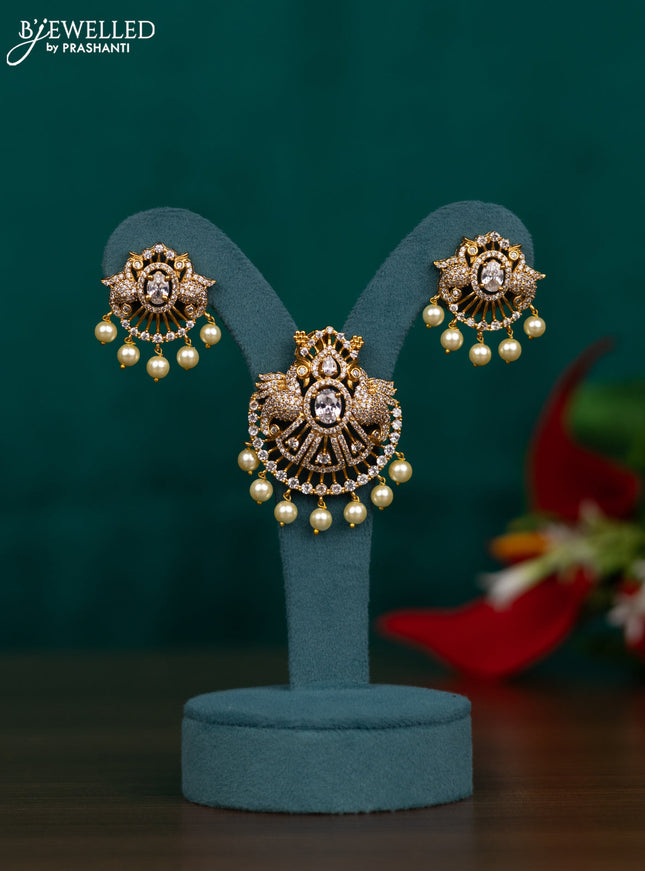 Antique pendant set peacock design with cz stone and pearl hangings