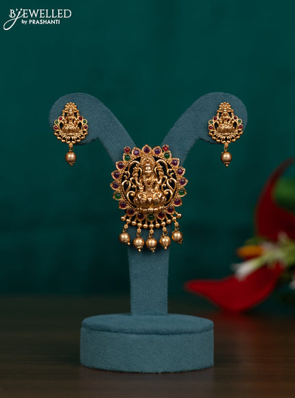 Antique pendant set lakshmi design with kemp stone and golden beads hangings
