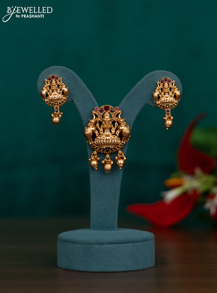 Antique pendant set lakshmi & elephant design with pink kemp stone and golden beads hangings