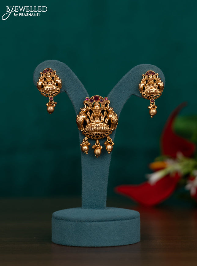 Antique pendant set lakshmi & elephant design with pink kemp stone and golden beads hangings
