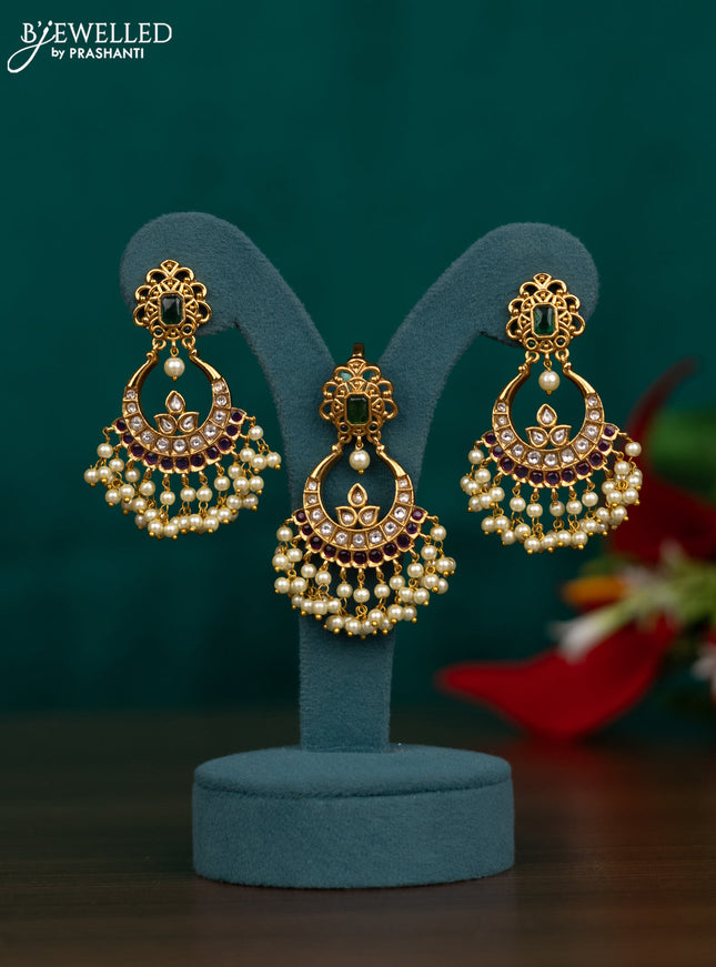 Antique pendant set chandbali design with kemp and cz stone and pearl hangings