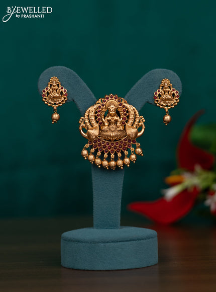 Antique pendant set lakshmi & peacock design with pink kemp stone and golden beads hangings