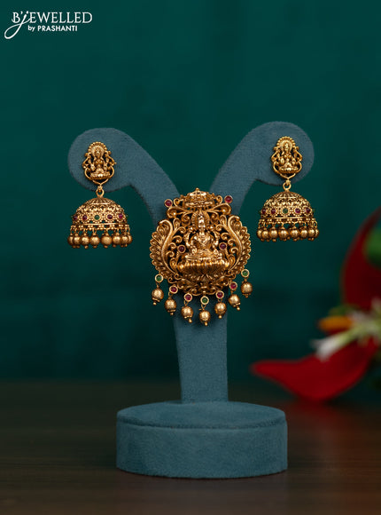 Antique pendant set lakshmi design with kemp stone and golden beads hangings