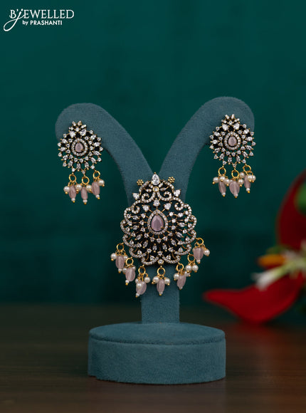 Pendant set with baby pink & cz stones and beads hangings in victorian finish