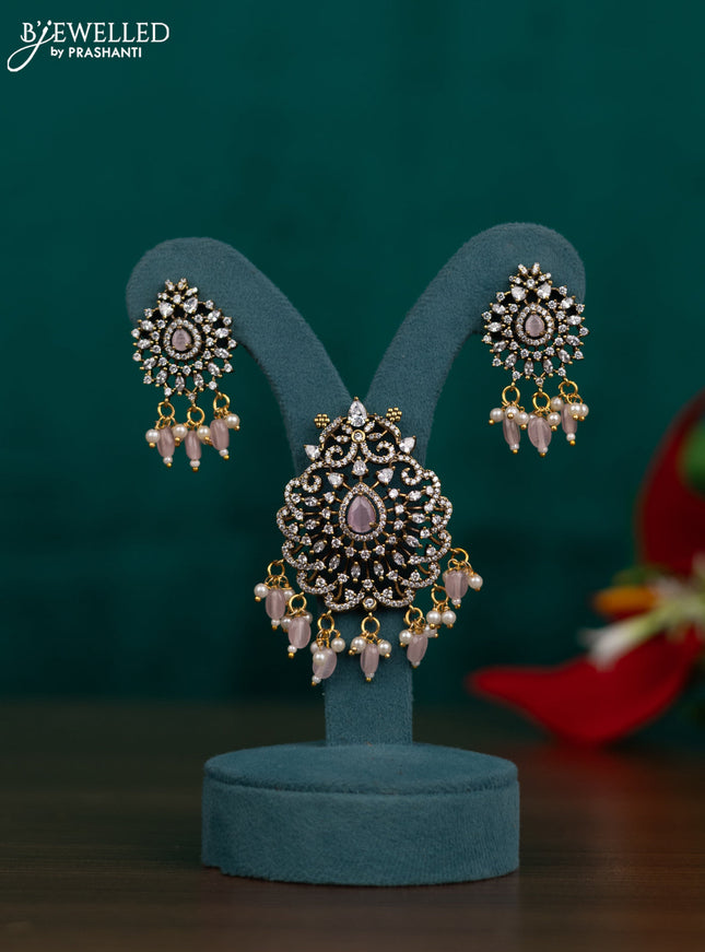 Pendant set with baby pink & cz stones and beads hangings in victorian finish