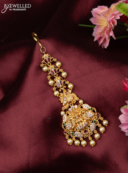 Antique maang tikka lakshmi & elephant design with kemp and cz stones and pearl hangings