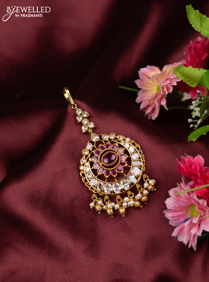 Antique maang tikka chandbali design with pink kemp and & stones and pearl hangings