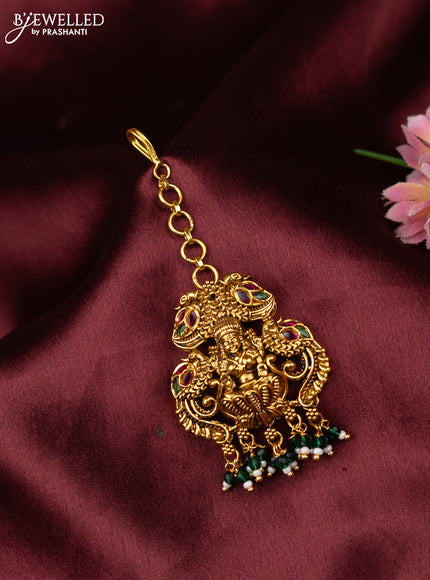 Antique maang tikka lakshmi & peacock design with kemp and crystal beads hangings