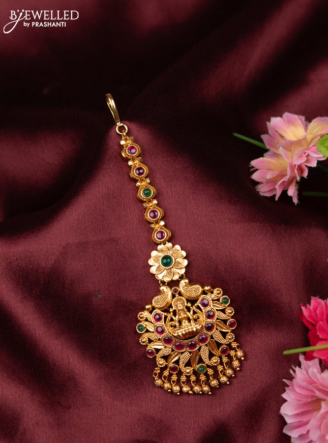 Antique maang tikka lakshmi design with kemp and golden beads hangings