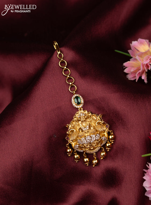 Antique maang tikka lakshmi design with kemp & cz stones and golden beads hangings