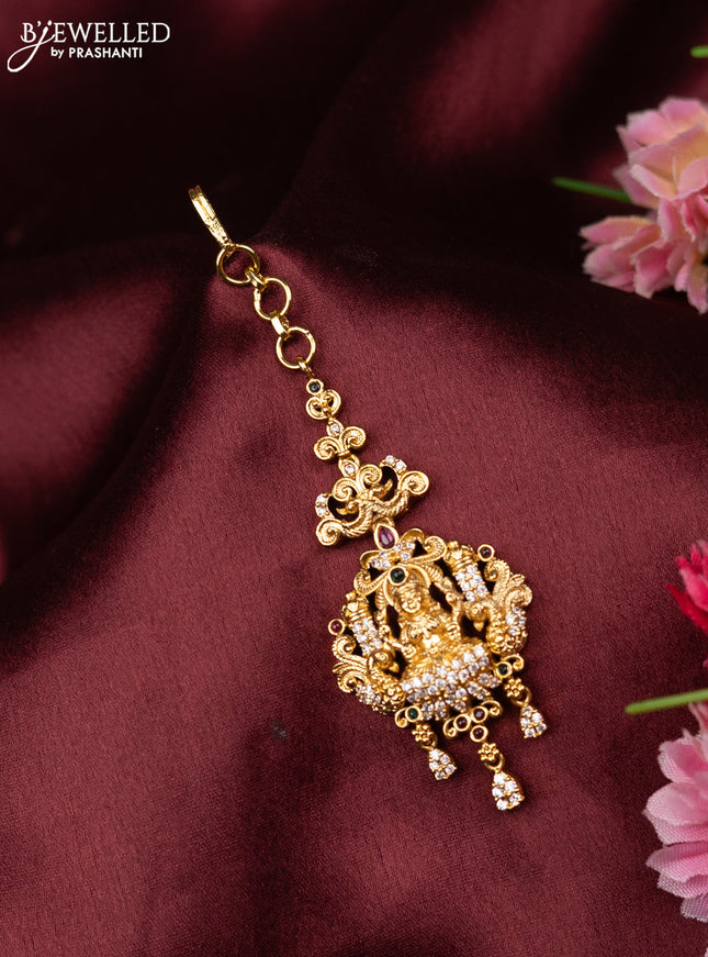 Antique maang tikka lakshmi design with kemp & cz stones and hangings
