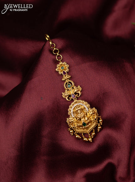 Antique maang tikka lakshmi design with kemp & cz stones and golden beads hangings
