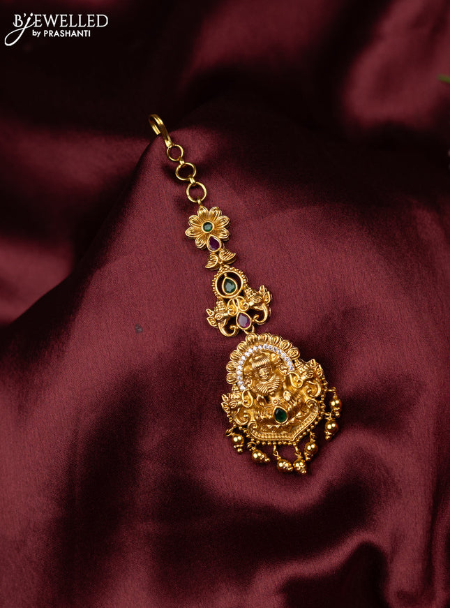 Antique maang tikka lakshmi design with kemp & cz stones and golden beads hangings