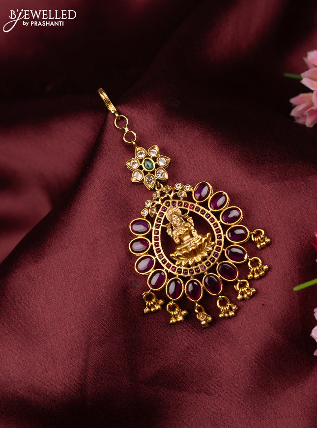 Antique maang tikka lakshmi design with kemp & cz stones and golden beads hangings