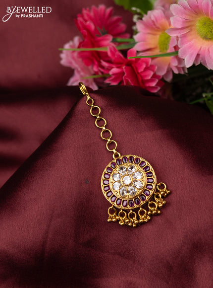 Antique maang tikka with pink kemp & cz stones and golden beads hangings