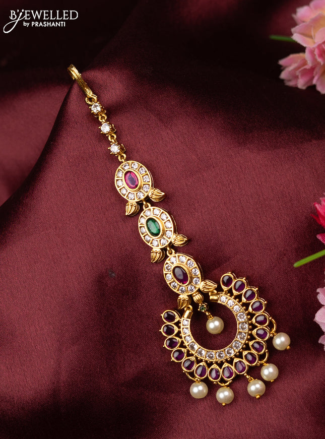 Antique maang tikka with kemp & cz stones and golden beads hangings