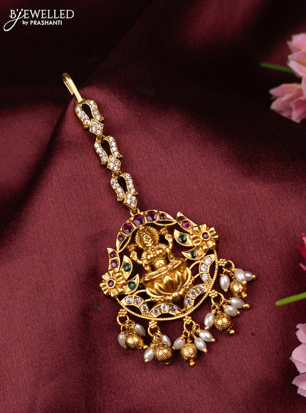 Antique maang tikka lakshmi design with kemp & cz stones and golden beads hangings