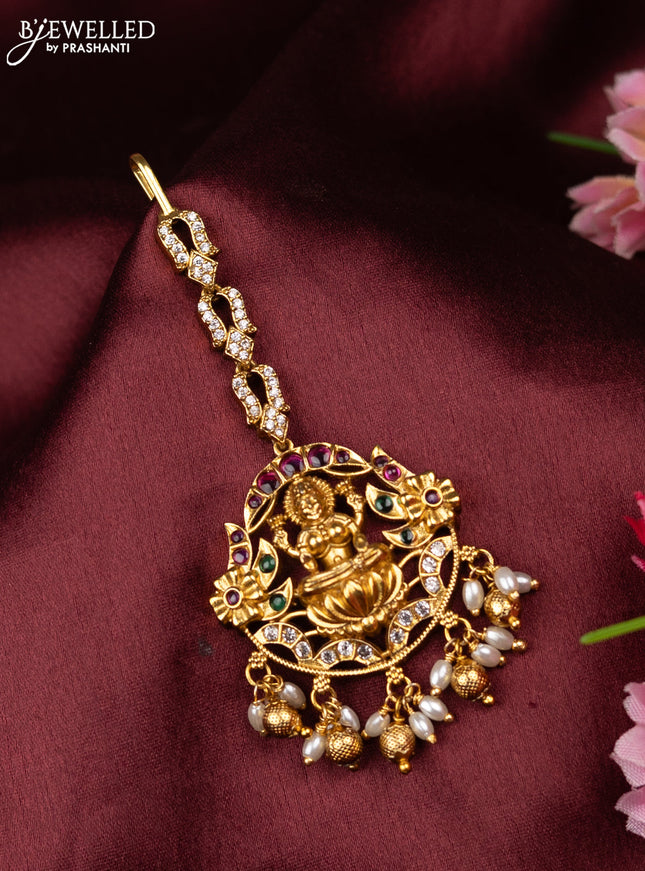 Antique maang tikka lakshmi design with kemp & cz stones and golden beads hangings