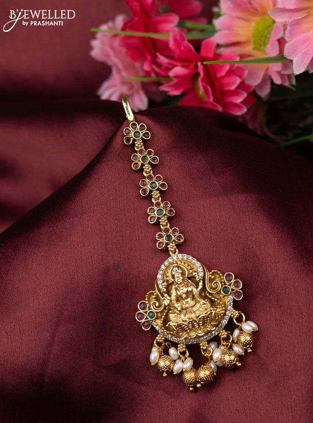 Antique maang tikka lakshmi design with kemp & cz stones and golden beads hangings