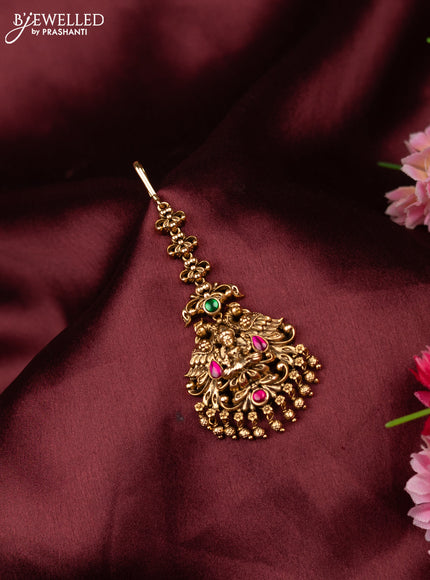 Antique maang tikka lakshmi design with kemp stones and golden beads hangings