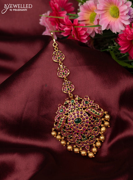 Antique maang tikka peacock design with kemp and golden beads hangings