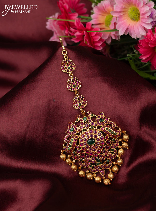 Antique maang tikka peacock design with kemp and golden beads hangings