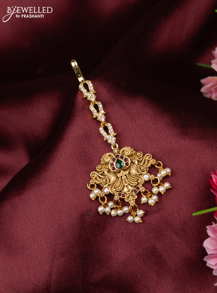 Antique maang tikka peacock design with kemp & cz stones and pearl hangings