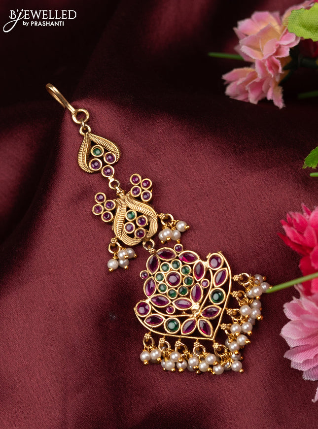 Antique maang tikka floral design with kemp stones and pearl hangings