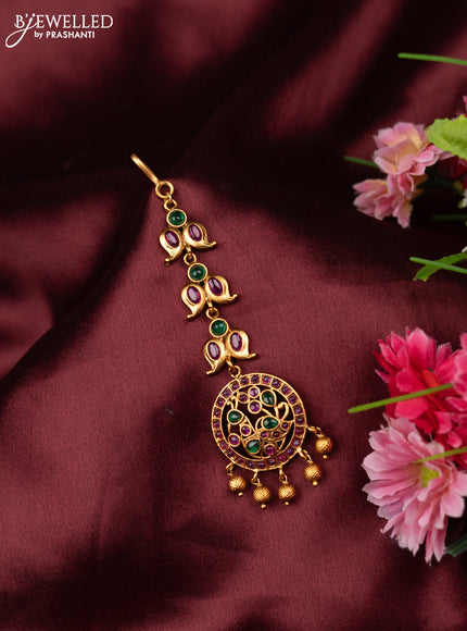 Antique maang tikka pecock design with kemp stones and golden beads hangings