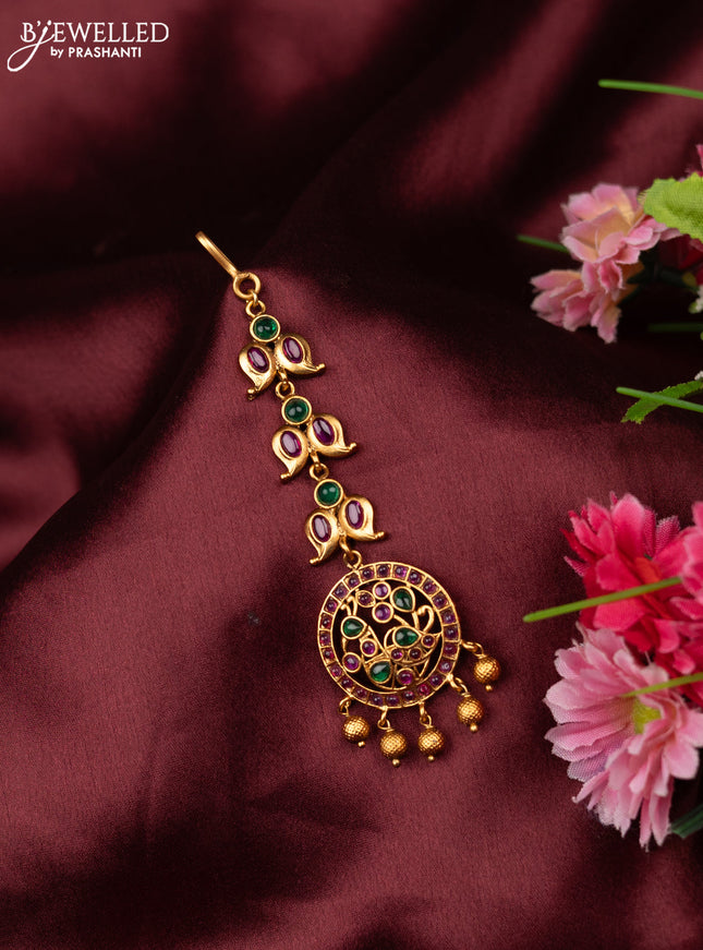 Antique maang tikka pecock design with kemp stones and golden beads hangings