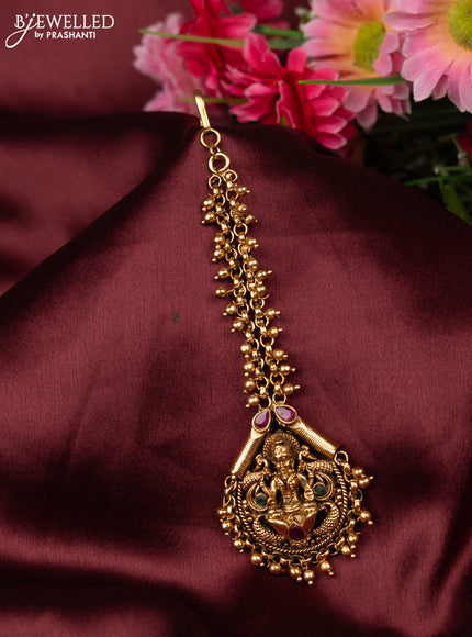 Antique maang tikka lakshmi design with kemp stones and golden beads hangings