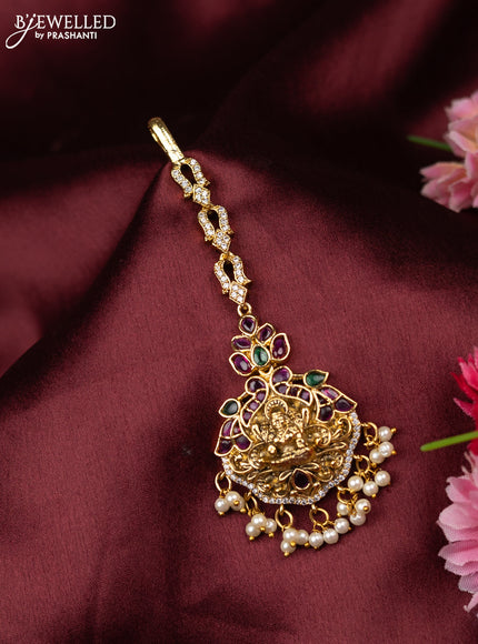 Antique maang tikka lakshmi design with kemp & cz stones and pearl hangings