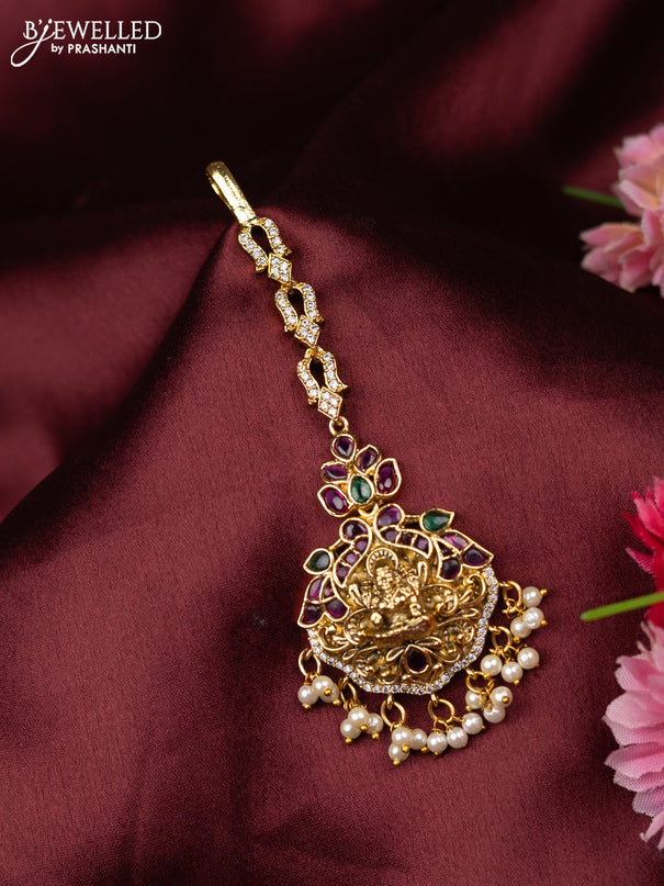 Antique maang tikka lakshmi design with kemp & cz stones and pearl hangings
