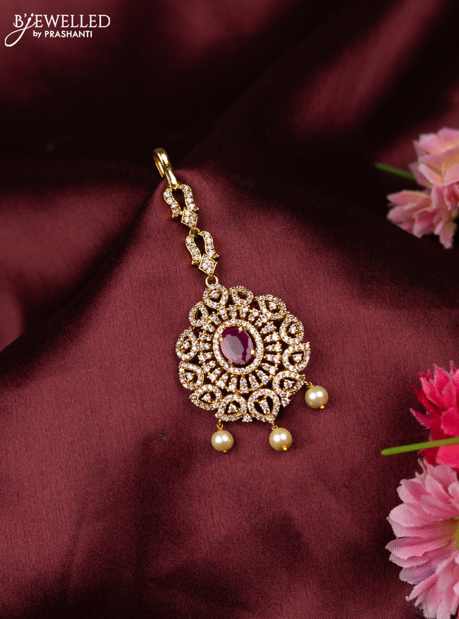 Zircon maang tikka with ruby & cz stones and pearl hangings