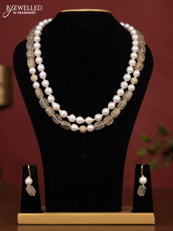Pearl golden beads maala double layer with earring