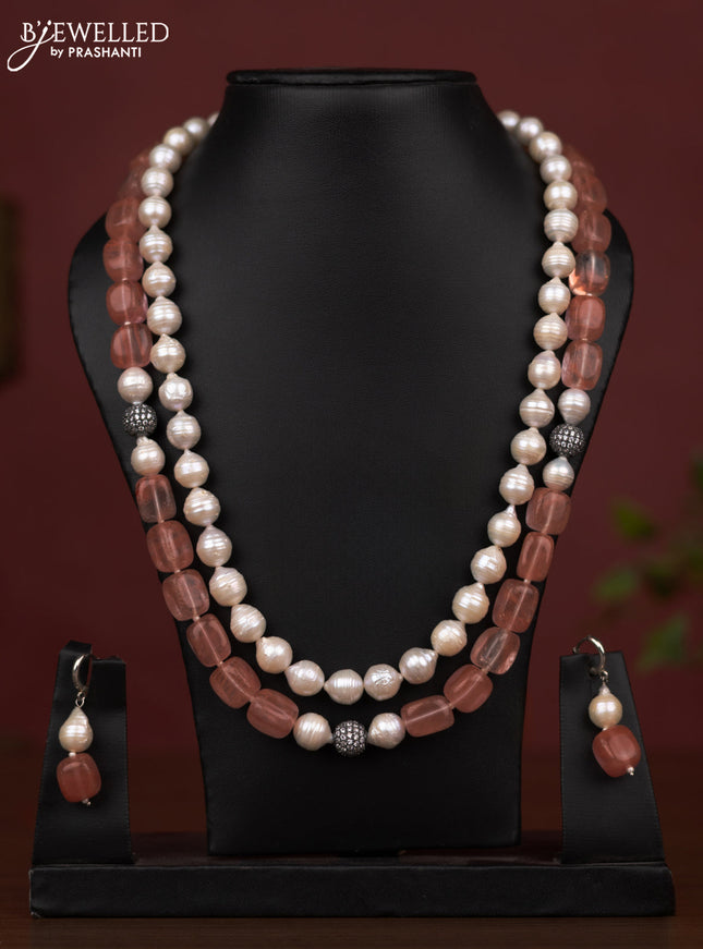 Pearl double layer pink maala with earring