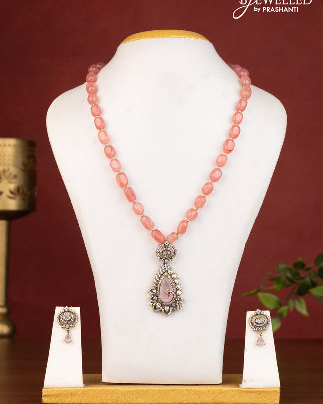 Beaded pink necklace peacock design with cz stones in victorian finish