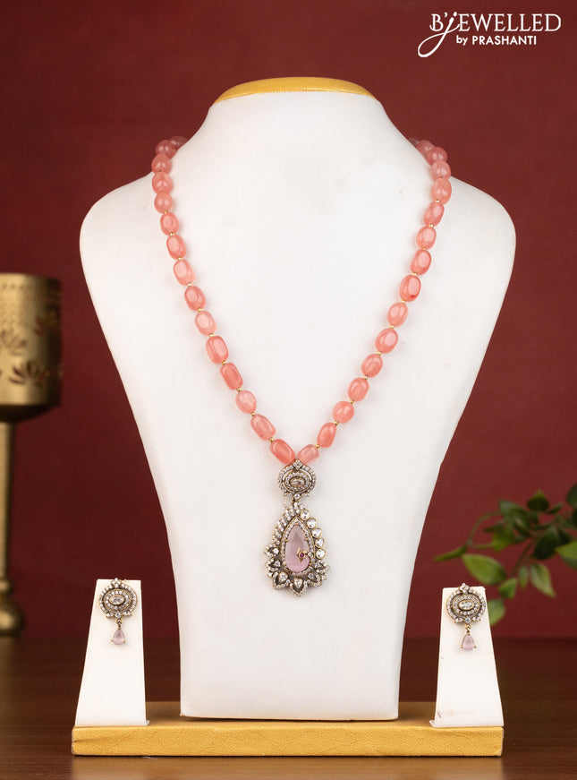 Beaded pink necklace peacock design with cz stones in victorian finish