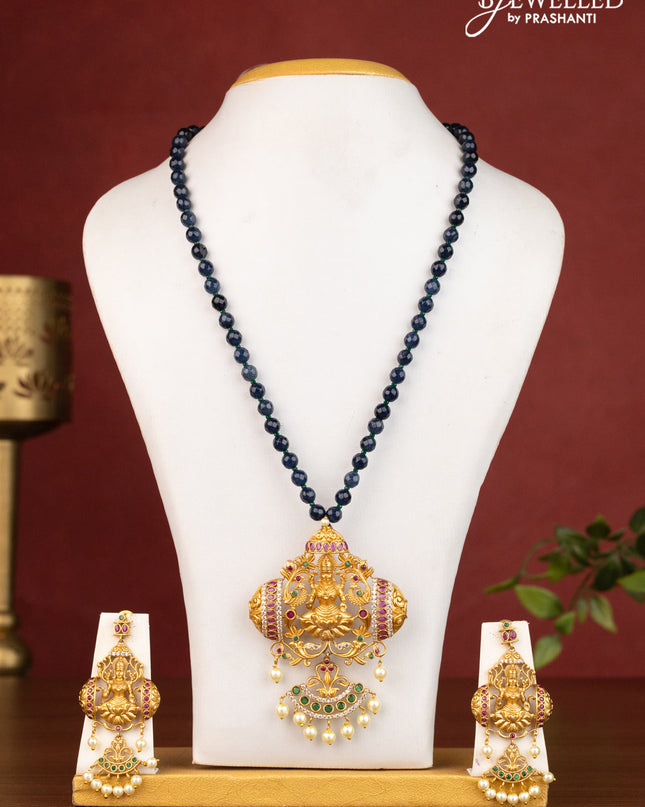 Beaded sapphire necklace lakshmi design with kemp & cz stones and pearl hanging