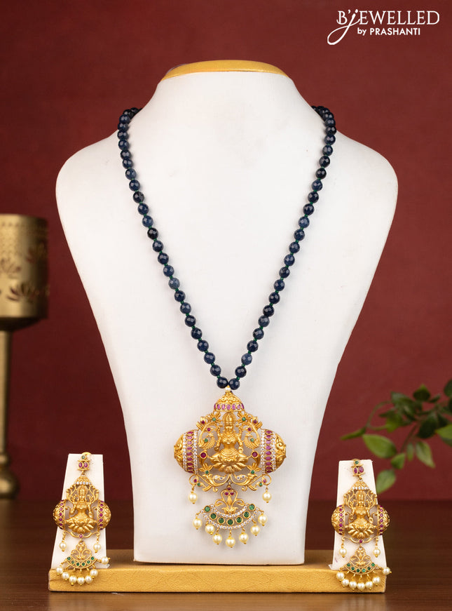Beaded sapphire necklace lakshmi design with kemp & cz stones and pearl hanging