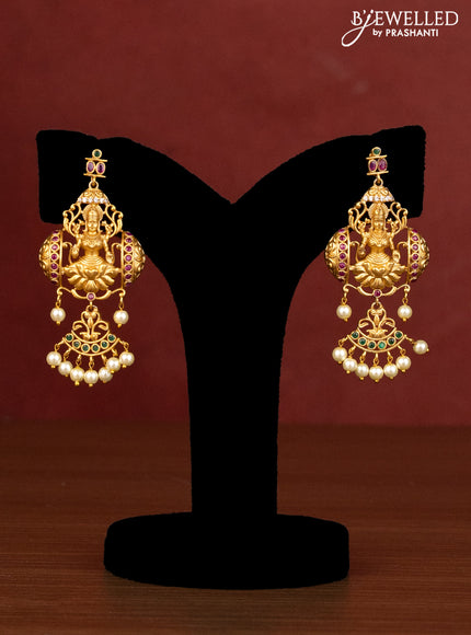 Beaded sapphire necklace lakshmi design with kemp & cz stones and pearl hanging