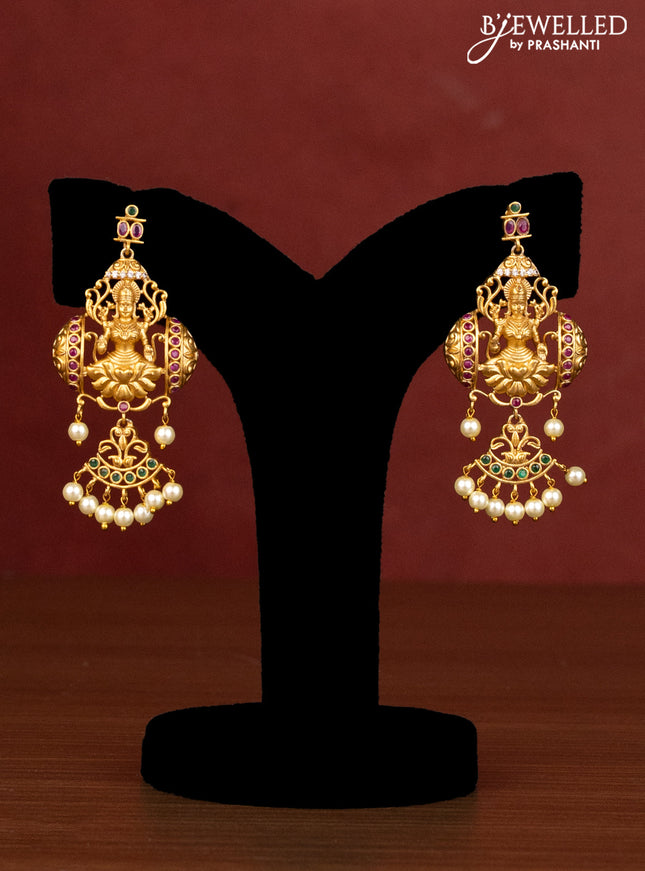 Beaded sapphire necklace lakshmi design with kemp & cz stones and pearl hanging