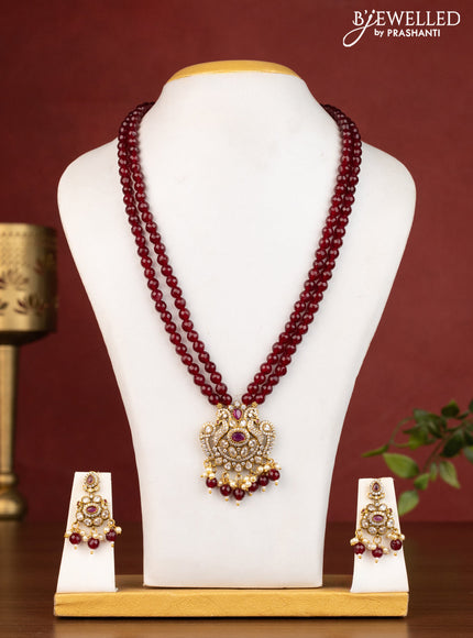 Beaded maroon double layer necklace peacock design with ruby & cz stones and beads hanging