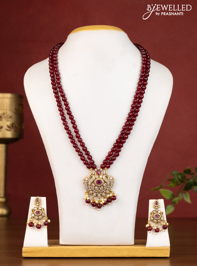 Beaded maroon double layer necklace peacock design with ruby & cz stones and beads hanging