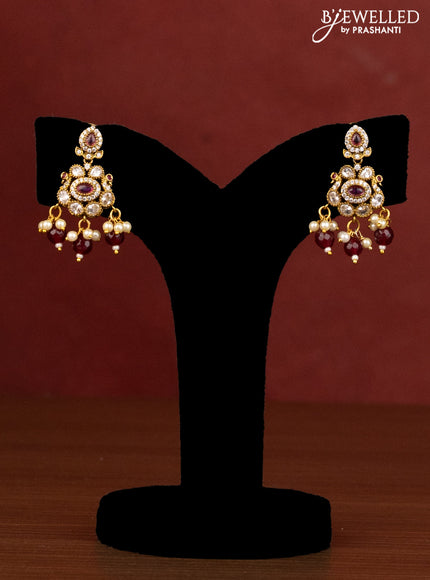 Beaded maroon double layer necklace peacock design with ruby & cz stones and beads hanging