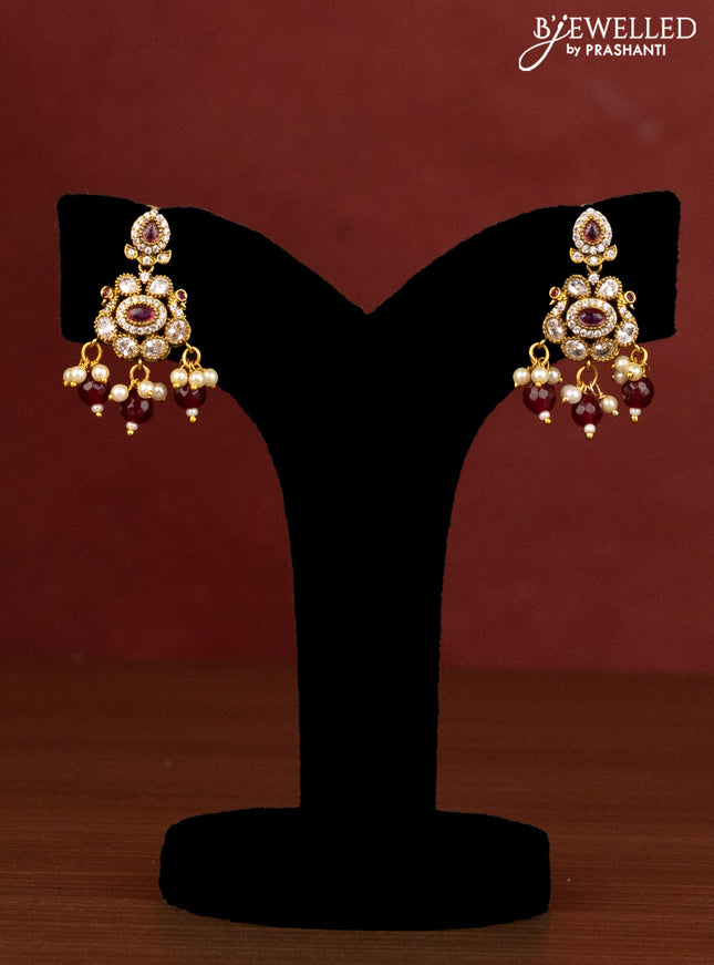 Beaded maroon double layer necklace peacock design with ruby & cz stones and beads hanging