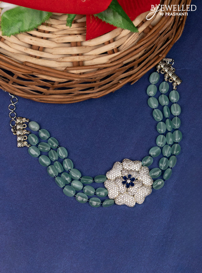 Beaded ice blue triple layer choker with sapphire and cz stones without earring